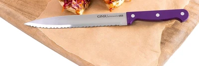 Cuchillo Ginsu púrpura dentado 9,25" acero inoxidable apto para lavavajillas pan de cocina Foto 1 de 4