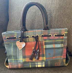 ✨Dooney & Bourke Madras Ladybug Tassel Handbag Purse Plaid Bee Brown Mint - Picture 1 of 9