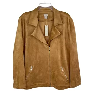 Chico's Women's Tan Faux Suede Gold Hardware Zip Moto Jacket Coat Sz 4 (20/22) - Picture 1 of 9