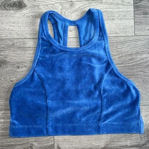 AERIE Corduroy Sports Bra Medium Keyhole Back Low Impact Blue Crop Top - Picture 1 of 8