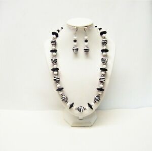 Black and White Zebra Stripe Wood Bead Necklace & Earrings Set
