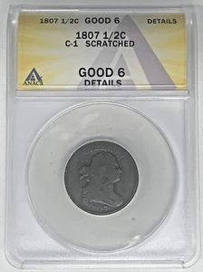 1807 Draped Bust Half Cent Coin ANACS G 6 Details Scratched  - Picture 1 of 2