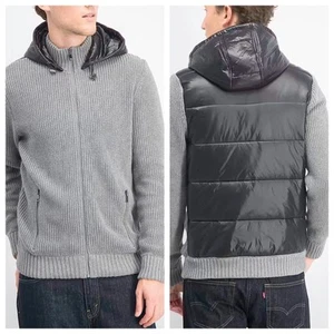 INC International Concepts Hoodie Zipup Sweater w/ Puffer Back Mens Gray Black L - Picture 1 of 11