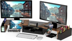 Desk Dual Monitor Stand Riser with Drawer, Rustic Brown - Picture 1 of 2