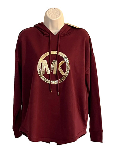 Nuovo! Felpa con cappuccio Michael Kors donna S Merlot paillettes oro logo MK manica lunga prezzo al dettaglio consigliato $98