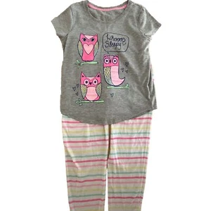 SO Girls Pajamas Set 2 Pcs Top Shirt Pant 10 Medium Gray Pink Owls Short Sleeve - Picture 1 of 7