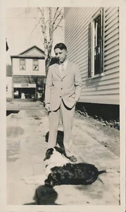 Snapshot Vintage Photo Young Man Teen Boy Dog Pet Animal Border Collie Driveway - Picture 1 of 6