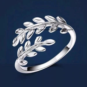 Pure Platinum 950 Band Women Gift Lucky Double Tree Leaf Open Ring 2.76g - Picture 1 of 8