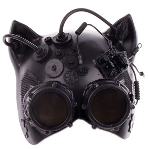Halloween Steampunk Cosplay Cat with Goggles Black Plastic Half Mask, For Adu... - Picture 1 of 4