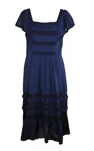Abito Draper James M Midi Blu Navy Rifinitura Arrivetta Un Collo Quadrato Solitario Cotone - Foto 1 di 5