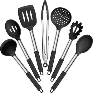 Silicone Cooking Utensils Set, 7 Pcs Heat Resistant Kitchen Utensils with Stainl - Picture 1 of 12