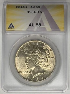 1934-D Peace Silver Dollar Coin ANACS AU 58 - Picture 1 of 2