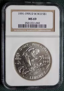 1991-1995-D World War 2 Commemorative Silver Dollar $1 90% Silver NGC MS 69 - Picture 1 of 2