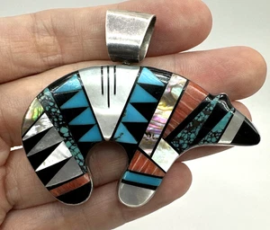 Ciondolo orso intarsiato argento sterling nativi americani reversibile alba Lucas Hopi - Foto 1 di 11