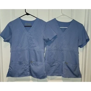 2 Women's sz S Blue Gray's Anatomy Short Sleeved Scrub Tops Shirt Lot - Picture 1 of 9