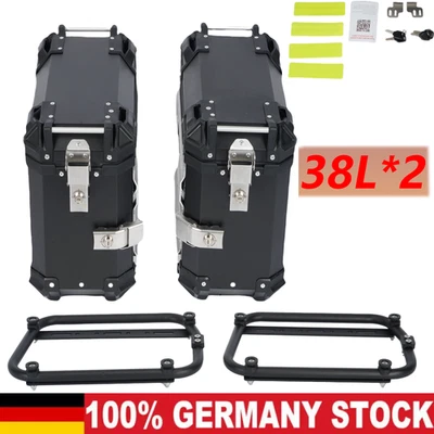 2X 38L Motorrad Alukoffer Aluminium Alloy Seitenkoffer+Sattelgestell Schwarz Neu - Bild 1 von 4