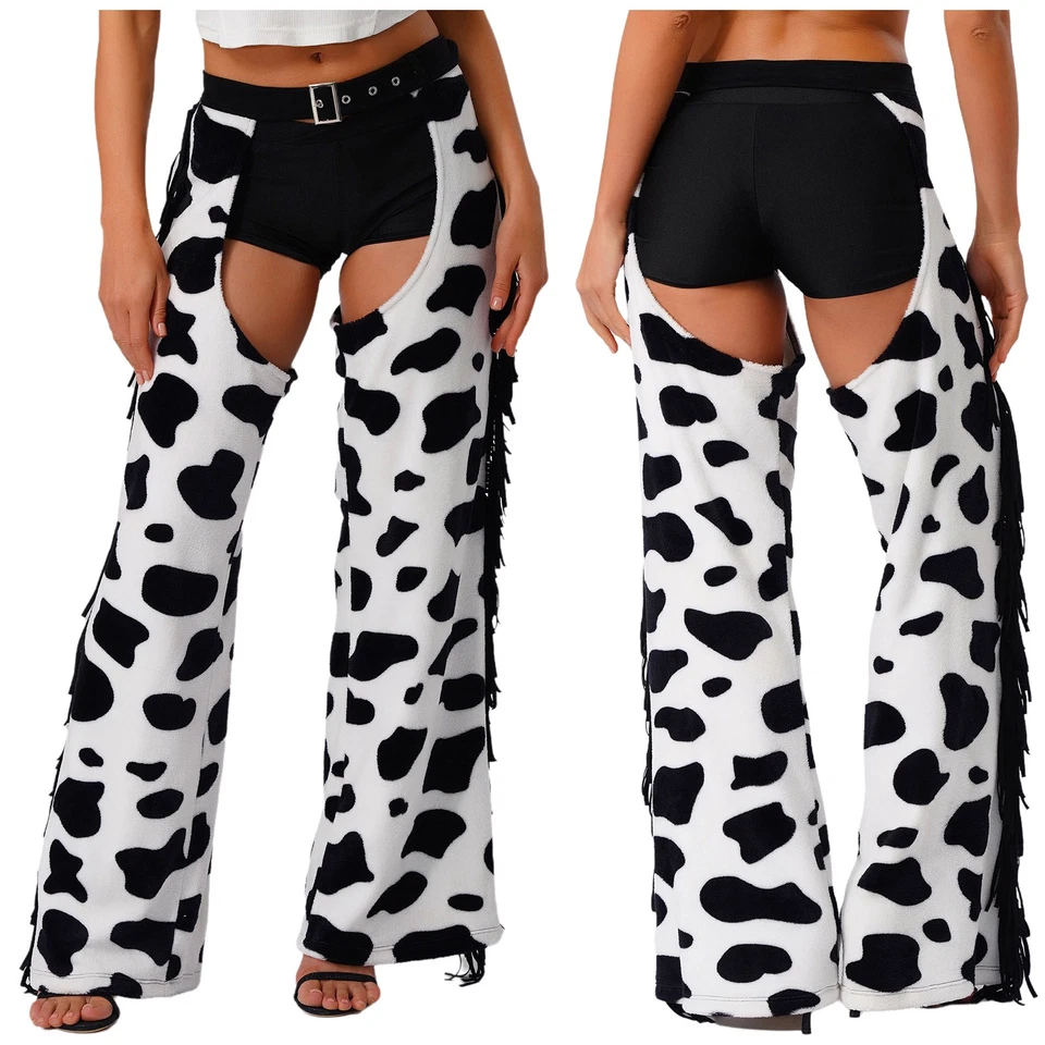 UK Women's Flannel Chaps Western Cowgirl Costume Buckle Waist Hollow Out Pants