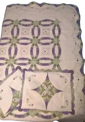 Colcha edredón anillo de boda de colección 2 fundas de almohada púrpura verde hogar clásicos completa Foto 1 de 4