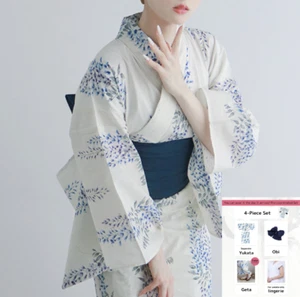 Yukata Sommer Kimono Getrennter Typ 4-teiliges Set Blau Glyzinie Blume Japan - Bild 1 von 7