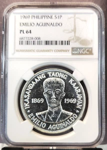 1969 PHILIPPINES SILVER 1 PISO EMILO AGUINALDO NGC PL 64 NICE BRIGHT PROOF LIKE - Picture 1 of 3