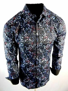 Mens Shirt Black Blue Red Italian Style Florals Limited Slim Fit Button Front - Picture 1 of 5