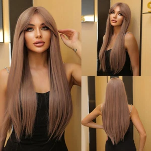 Ash Purple Wigs Long Straight Synthetic Natural Hair with Bangs for Women Daily - Picture 1 of 8