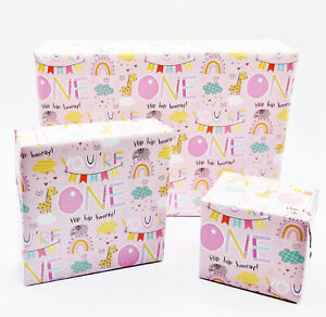 2 Sheets 1st Birthday Girl Wrapping Paper Age 1 Animals Rainbow Giftwrap (W296)