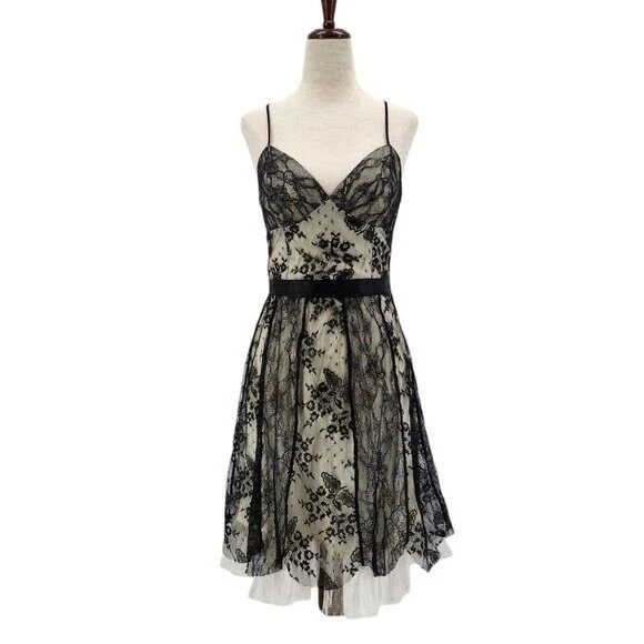 Vestido Vintage ABS por Allen Schwartz Talla 4 Encaje Floral Negro Blanco Cóctel Fiesta Foto 1 de 4