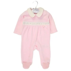 NEW Baby Girls Diamante Velour Sleepsuit Romper Jumbo Velour ~ Bows ~ Pink ~ abg - Picture 1 of 4