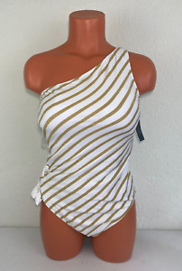 Ralph Lauren Womens One Shoulder One Piece Swimsuit Gold/White Stripe Size 6