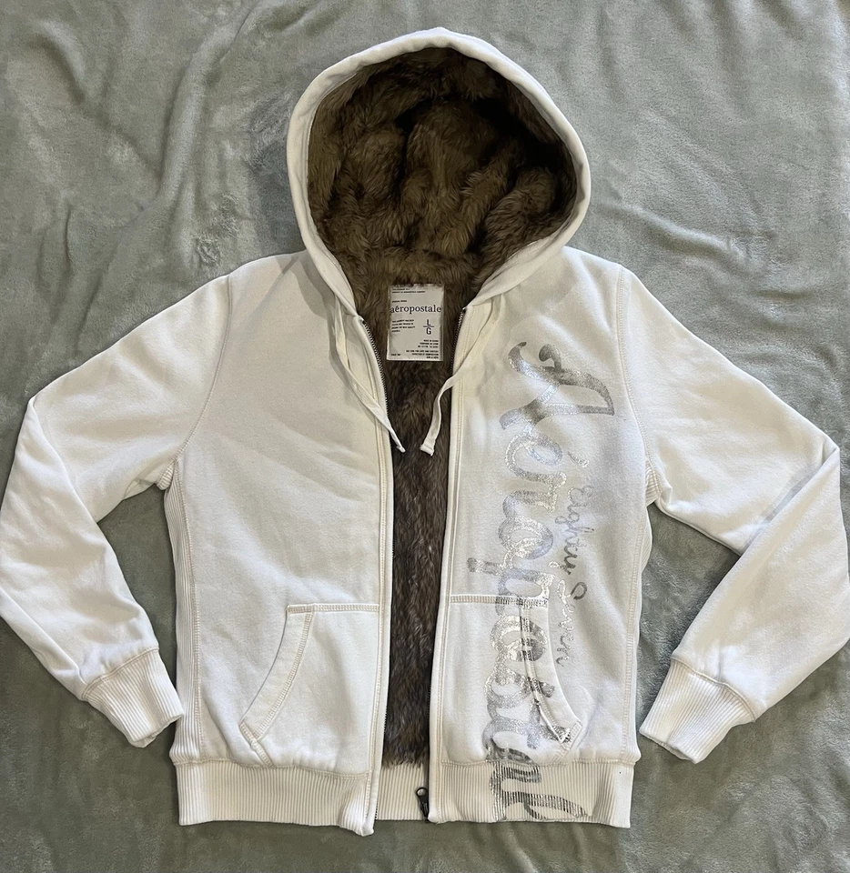 De Colección Aeropostale Y2K Marfil Sudadera con Capucha/Abrigo Para Mujer Grande Marrón Imitación Piel Forrado Cremallera Completa Foto 1 de 4