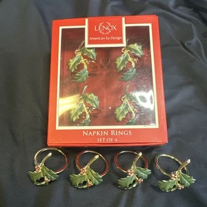 Lenox Christmas Green Holly Berry Metal Napkin Rings #7156 4 In Box 4 Out Of Box - Picture 1 of 8