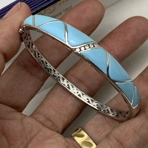 Handmade Natural Pave Diamond & Turquoise 925 Sterling Silver Bangle Bracelet - Picture 1 of 16