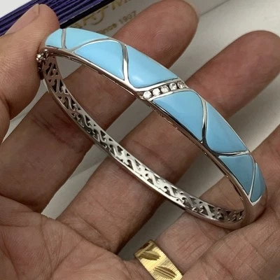 Handmade Natural Pave Diamond & Turquoise 925 Sterling Silver Bangle Bracelet - Image 1 of 4