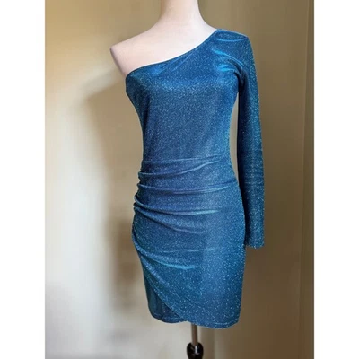 Vestido Y2K Azul Brillo Un Hombro Bodycon Mini Hada Brillo Mediano Sirena Foto 1 de 4