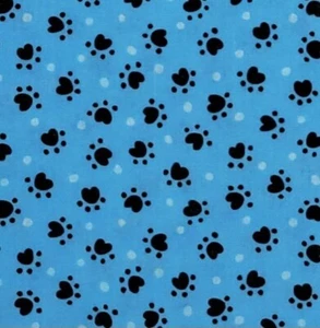 Dogs Puppies Cats Kitten Paw Prints Blue Black Polka Dots Cotton Fabric 1 1/2 YD - Picture 1 of 5