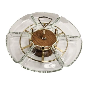 Vintage MCM Retro Lazy Susan Goldtone Chrome Wood 6 Glass Dishes Scalloped Edges - Picture 1 of 13