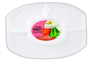 4 Section Divided Reusable Party Platter White Plastic Chip And Dip Oval Platter - Picture 1 of 6