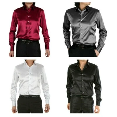 Men Satin Silk Dress Shirt Long Sleeve Slim Business Formal Casual Tops Elegant - Image 1 of 4