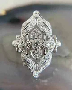 Art Deco Style Lab Created Diamond Engagement Wedding 14k White Gold Finish Ring - Picture 1 of 9