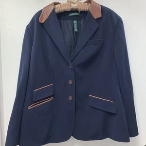Women's Lauren Ralph Lauren Navy Blue Wool Leather Collar & Trim 16 16W - Picture 1 of 10