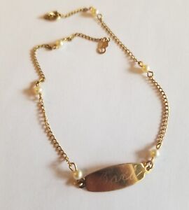 9" Vintage 12kt Gold Filled Pearls Name Ankle Bracelet Barb MARKED AJC CO