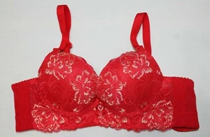 Gepolsterter Push-up-BH mit Bügel rot geblümt gold Spitze und Schmuckdetail - Gr. 32A - Bild 1 von 4