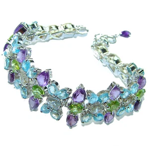 Swiss Blue Topaz .925 Sterling Silver Statement Bracelet Handmade - Picture 1 of 4