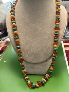 COLLANA VINTAGE 26"" BUTTERSCOTCH AMBRA, MARRONE AMBRA E TURCHESE - Foto 1 di 5