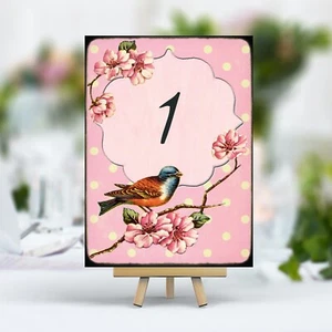 Wedding Table Number cards - bird and flower design ~ shabby chic names Pink - Picture 1 of 6