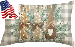 Easter Bunny Buffalo Plaid Throw Pillow Cover, 12 X 20 Inch Grey Cushion Case De - Picture 1 of 8