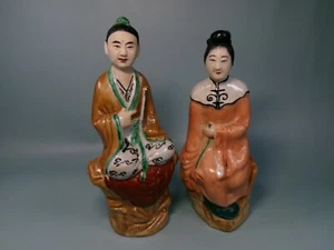 1940s Vintage Chinese Painted Porcelain Figurines 7.5" Tall Woman & 8" Tall Man - Picture 1 of 9