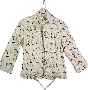 Ramie Floral Top Womens Size 40 White Brown Long Sleeve Button Crop Lightweight - Picture 1 of 10