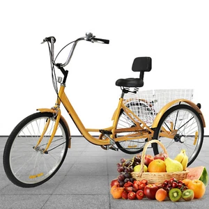 24 Inch Adult Tricycle Trike 6 Speed 3 Wheels Bike Cruiser with Backrest& Basket - Picture 1 of 42